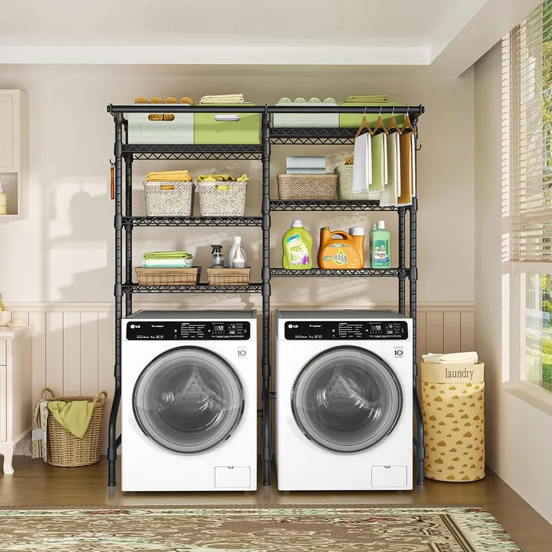 U13 Medium Over Washer and Dryer Storage Shelves, 6 Tiers Laundry Room Standing Shelf with 2 Hanger Rods, Space 2
