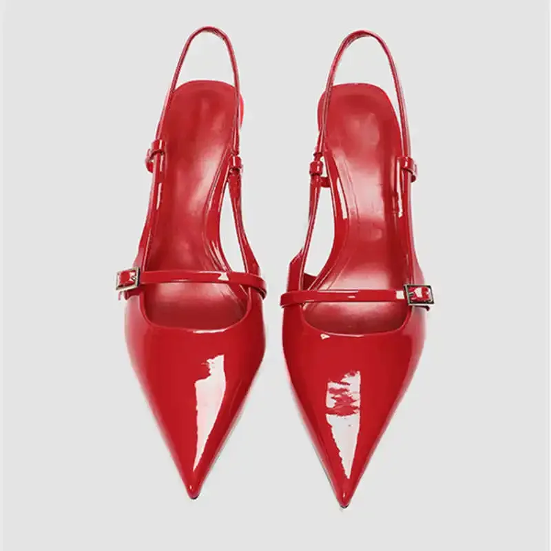 Sexy Pointed Toe Sandals Women Summer Red Thin High Heels for Women Patent Leather Back Trip Strap Mules Wedding Pumps