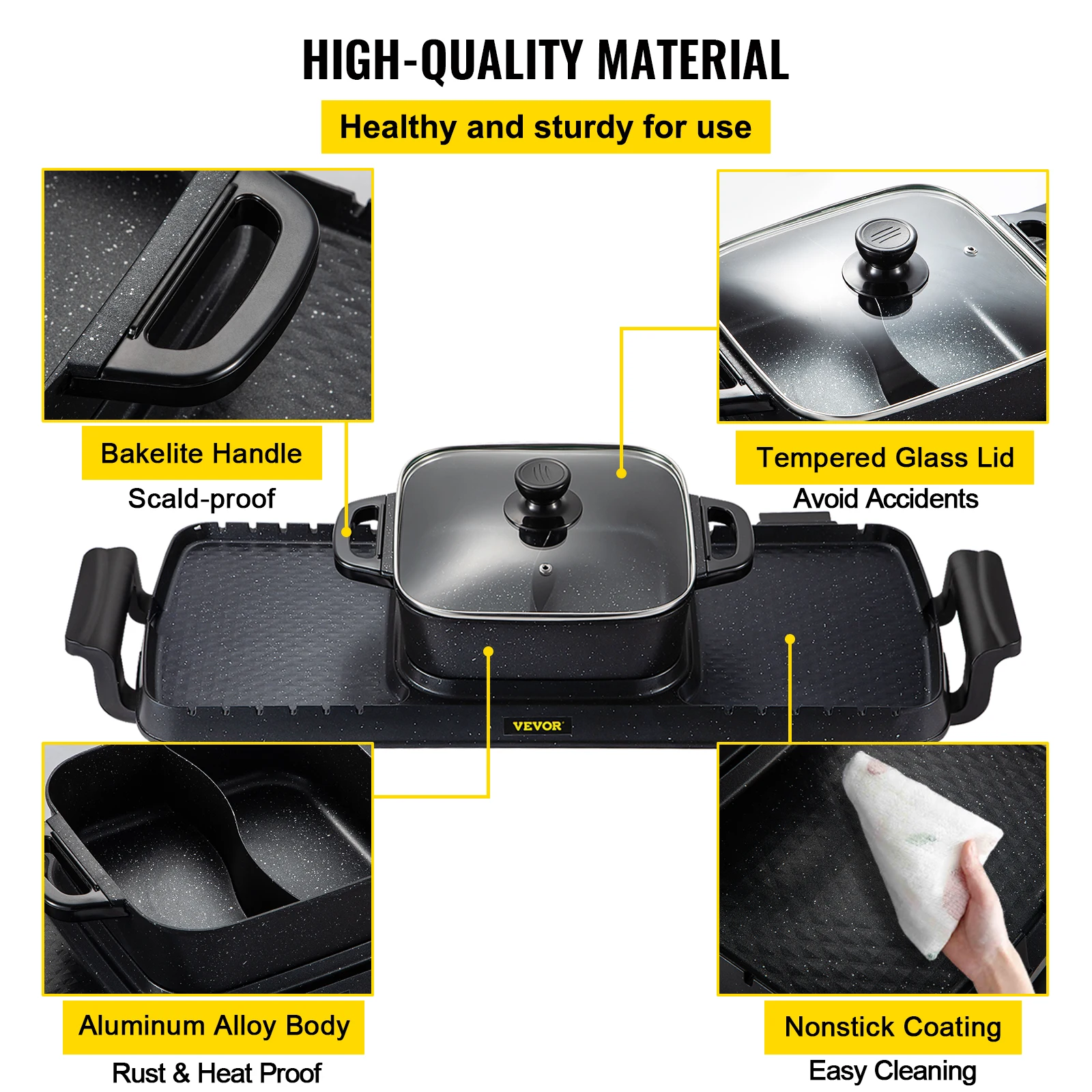VEVOR 2in1 Electric BBQ Pan Grill Hot Pot 2400W Multifunction Home Portable Smokeless Nonstick Detachable Hot Pot Barbecue Plate 5