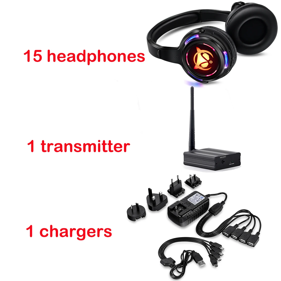 Silent Disco Headphones LED Wireless earphone System Party Birthday Bundle 15pcs Headset 500m Transmitter Rechargeable