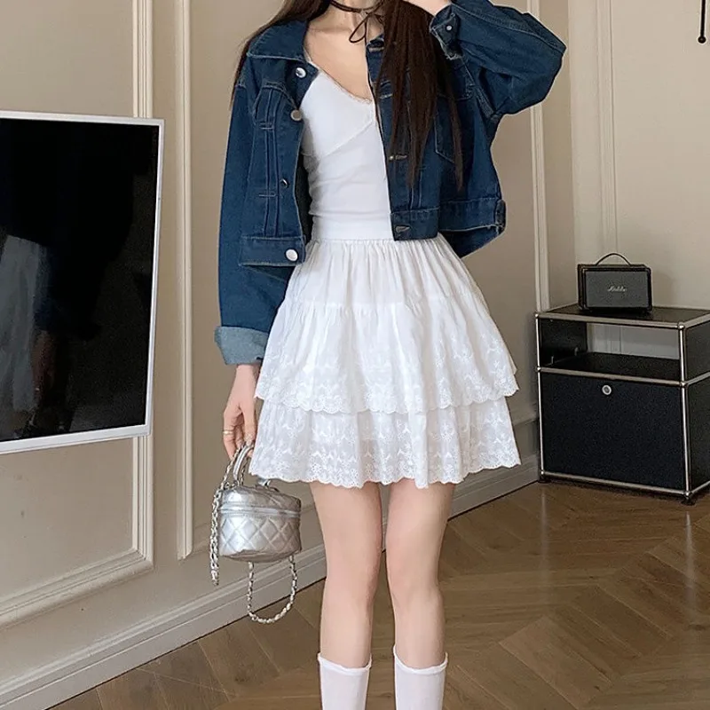 Sweet Kawaii White Fluffy Cake Skirt Women Y2k Embroidery A-line Harajuku High Waist Mini Skirt Student Skirts Women Clothing