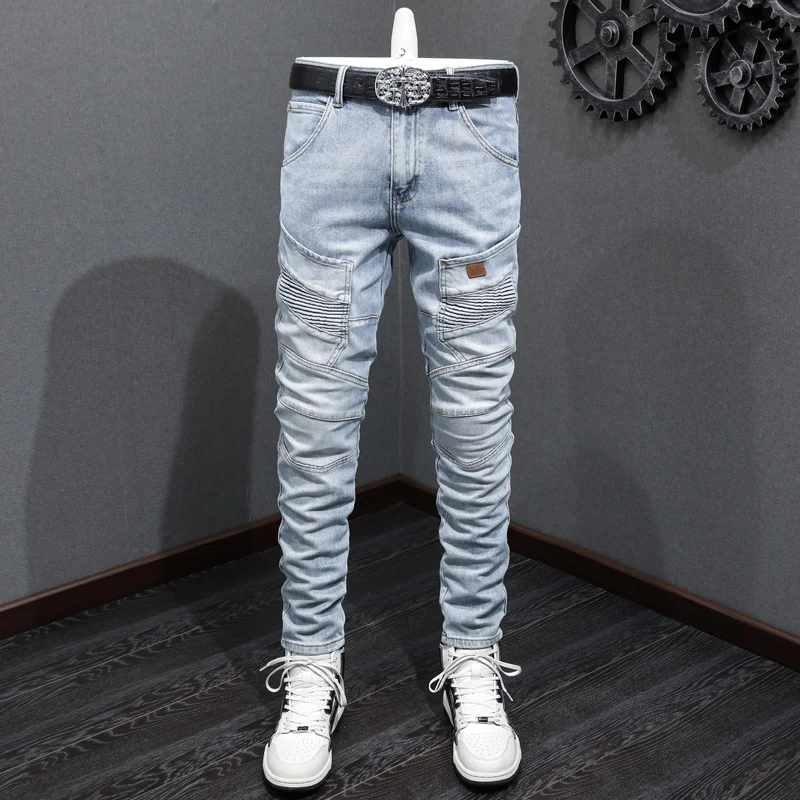 High Street Fashion Men Jeans Retro Light Blue Elastic Spliced Designer Biker Jeans Men Multi Pockets Hip Hop Denim Pants Hombre