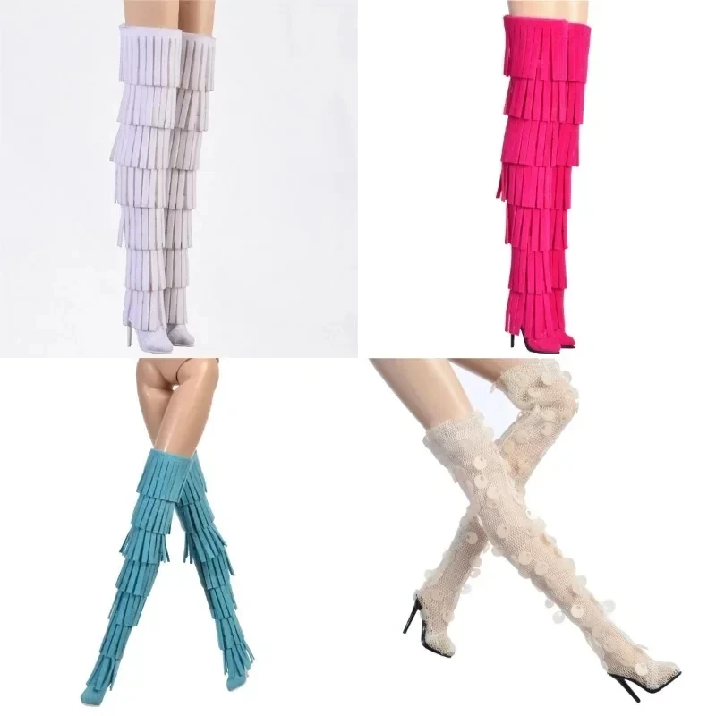 1/6 Doll Toy Solid Color Tassel Long Tube Boots Hollow Velvet Shoes Action Figures Accessories For FR2 12 Inch Female Model Body