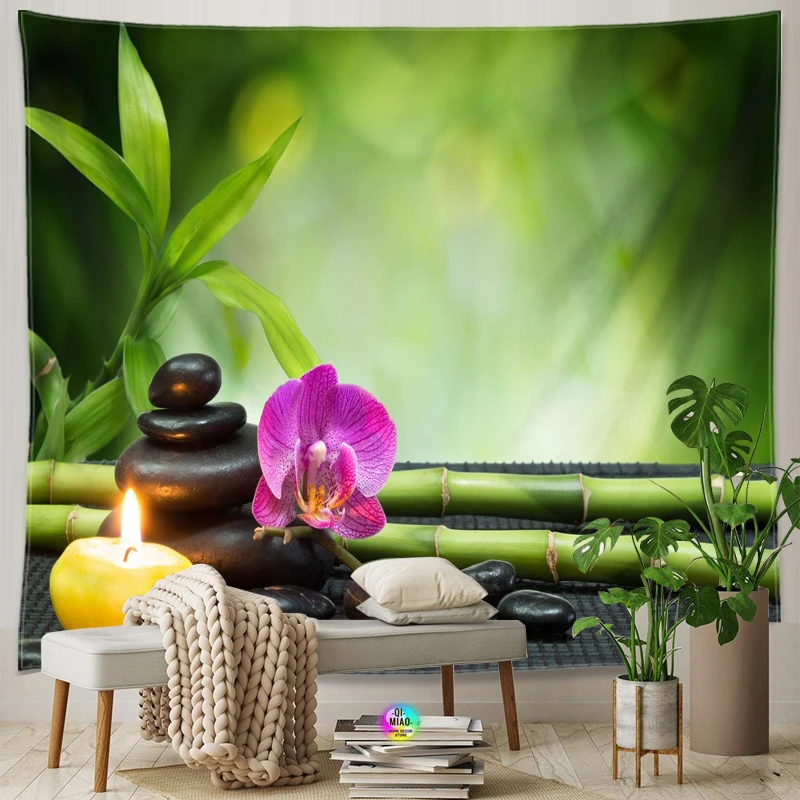 Zen Room Interior Decorative Bamboo Flowing Green Bamboo Buddha Meditation Spa Tapestry Green Wall Decoration Green Home Decor 2
