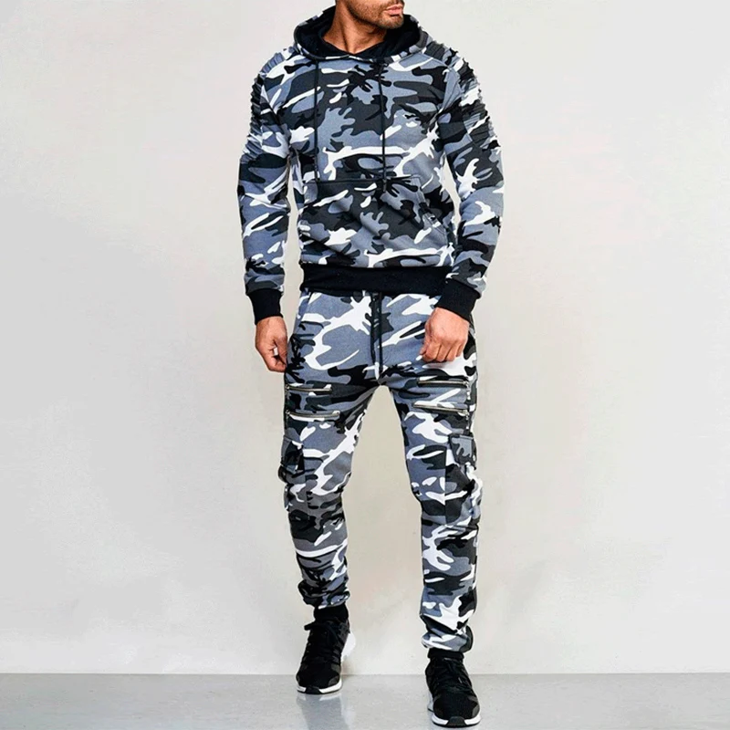 Autumn Winter Male Loose Casual Camouflage Printing Hoodies Elastic Waist Pants Set Men Zipperhooded Sweatshirt Sweatpants Suit