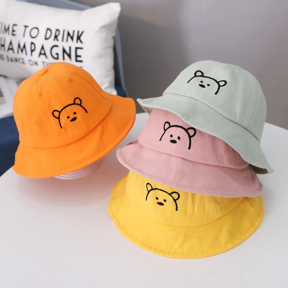 New Baby Bucket Hat Cartoon Cute Bear Embroidery Sun Hats  Soft Cotton Outdoor Children Fisherman Panama Cap baby stroller mosquito net