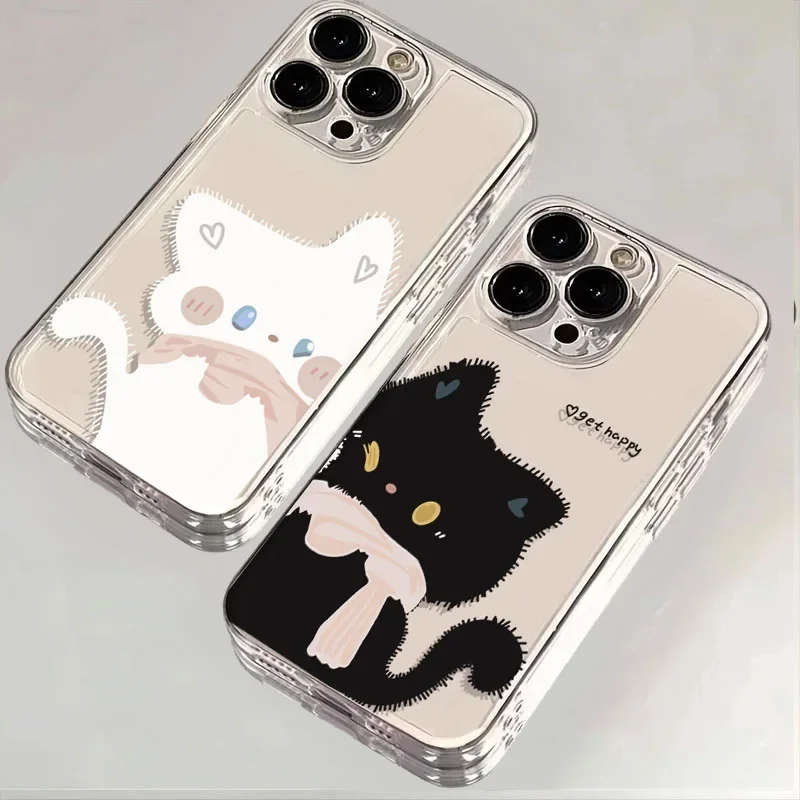 Cartoon Black White Cat Couple Paired Phone Case For iPhone 17 16 Pro Max 15 14 11 12 13 Plus Clear Cover Fundas