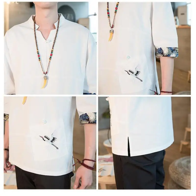 New Men's Casual Blouse Cotton Linen Shirt Loose Tops Short Sleeve Chinese Clothing Summer Casual Handsome Men's Hanfu Coat