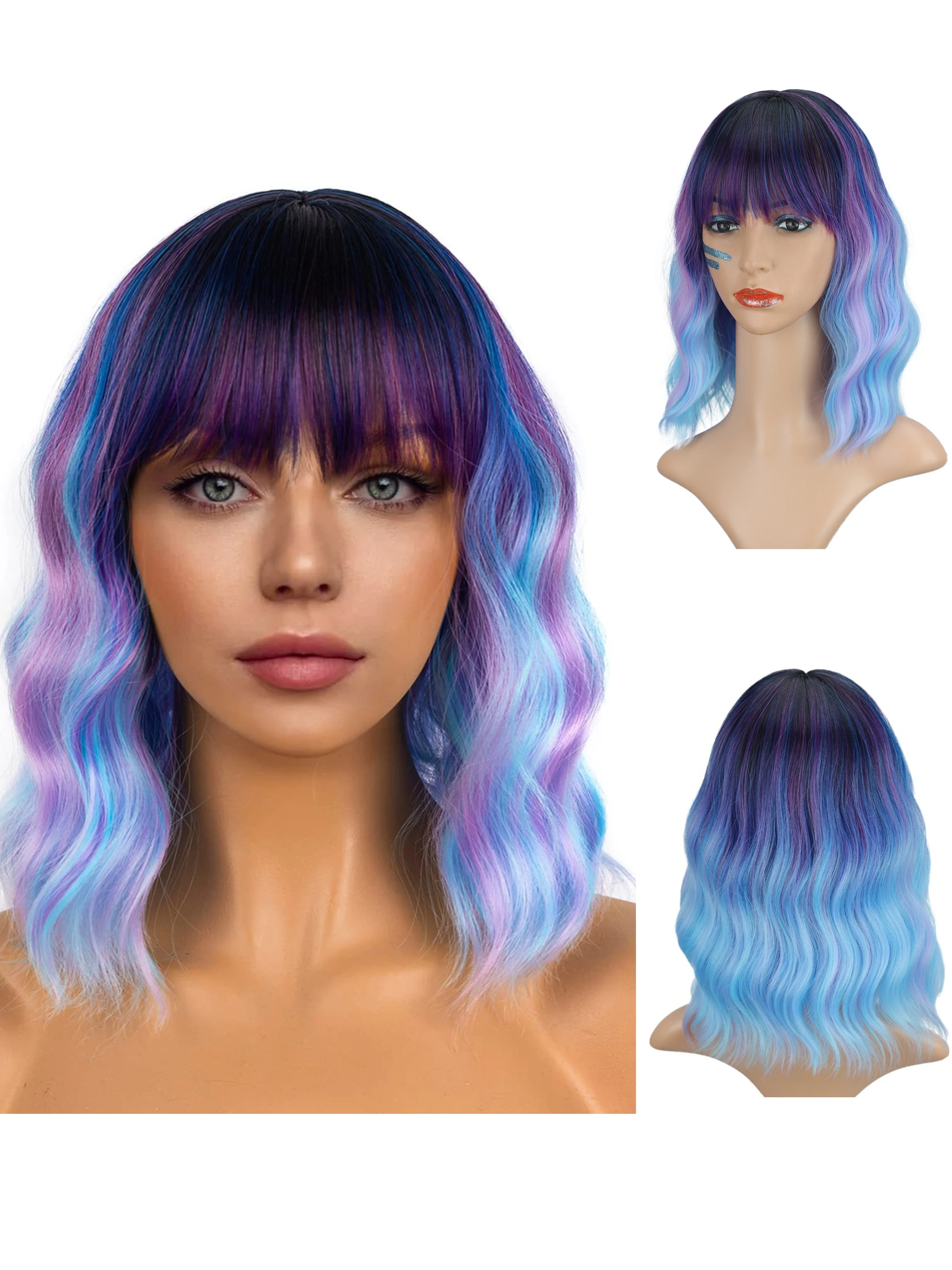 

LO Water Wave 180% Curly Wig Purple Mixed Blue Synthetic Wig 14 Inch Party Holiday Styling Blue hairpink hair Cosplay Pink wig