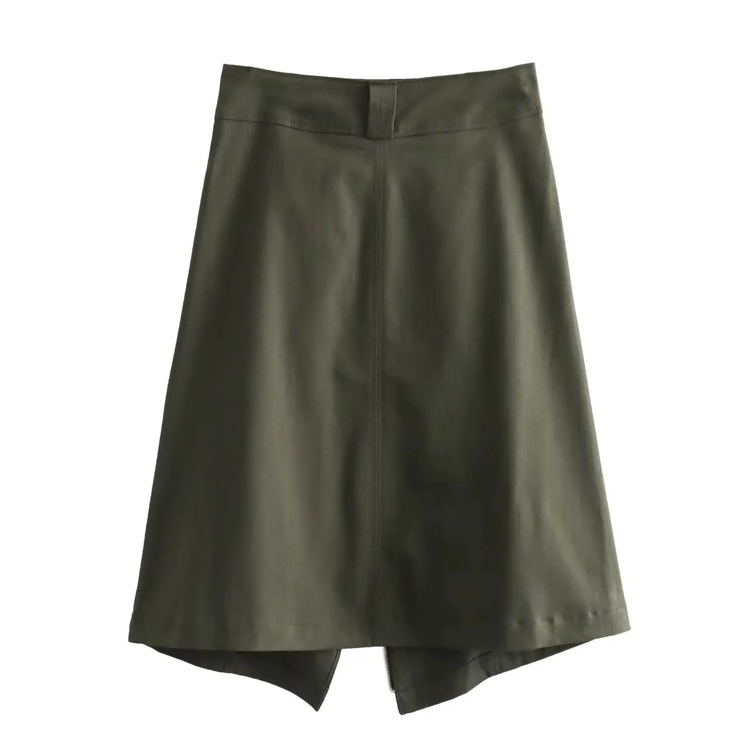 Withered Fashion Blogger High Waist Retro Asymmetric Split Skirt With Zipper Military Green Casual Midi Skirt Women