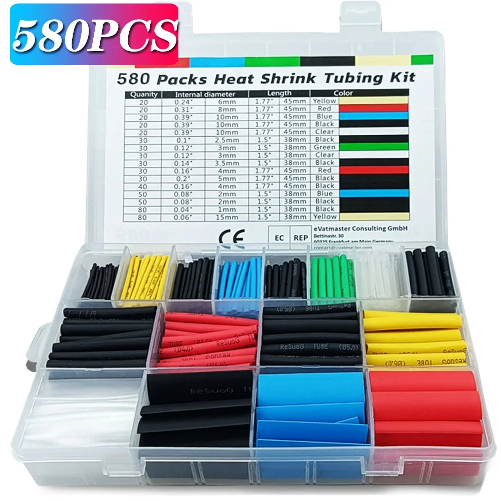 580/530/127PCS Heat Shrink Tubing kit 2:1 Shrinkable Wire Shrinking Wrap Tubing Wire Connect Cover Protection with Hot Air Gun 3