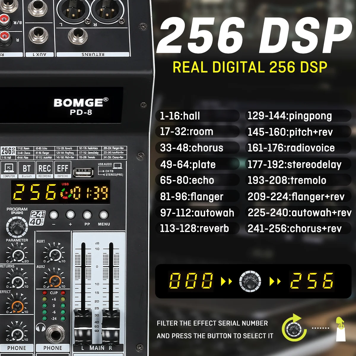 BOMGE Professional 8 Channel 256DSP Audio Sound Mixer with 2&times;650W Power Amplifier,USB,Bluetooth,48V, Metal body for Live Band DJ