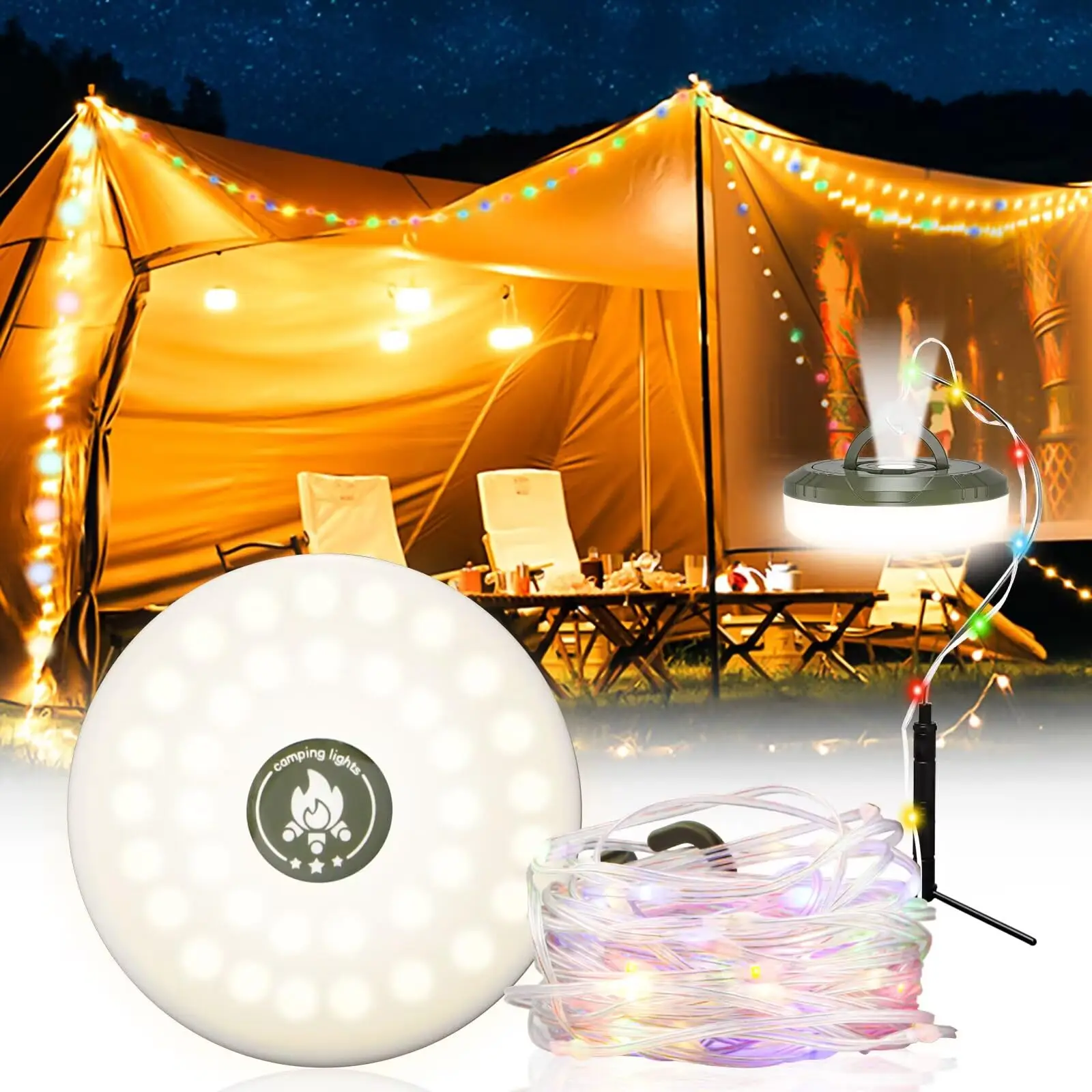 Camping Light Solar USB Rechargeable LED Tape Measure String Lights RGB Warm Color For Picnic Camping 10M Restaurant Tent Decoration