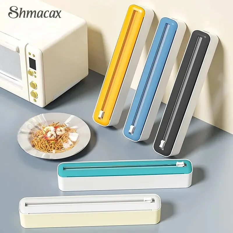 2 In 1 Plastic Wrap Dispenser Food Cling Film Cutter Wrap Storage Box Aluminum Foil Stretch Film Cutter Kitchen Accessories