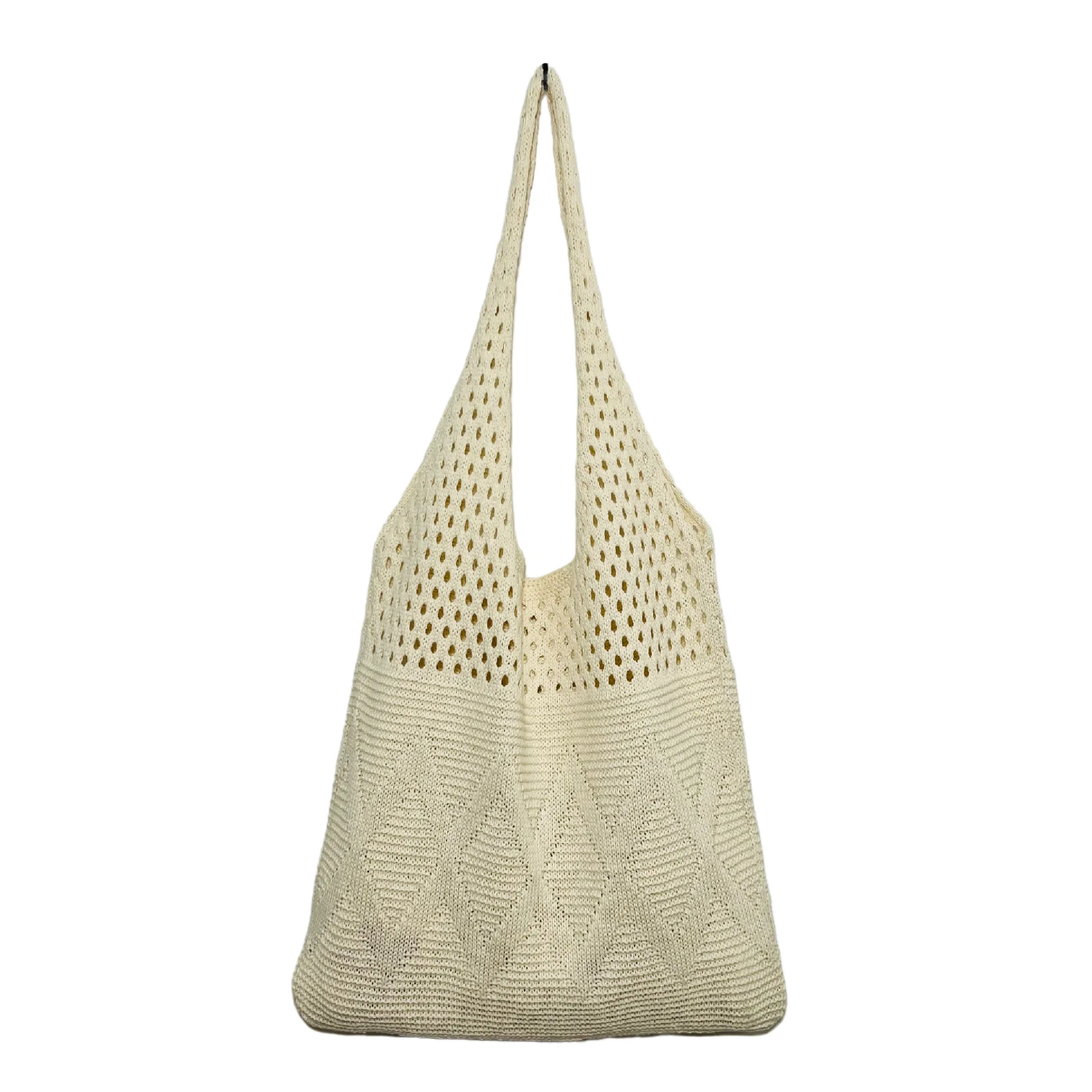 Soft Knit Fabric Cloth Shoulder Bag Summer Bright Solid Color Tote Diamond Lattice Shape Pattern Hollow Out Fashion French Style