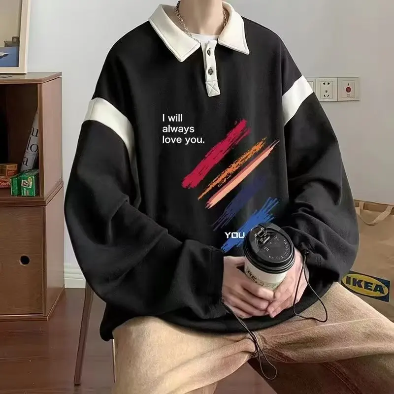 Spring Autumn Y2K Sweatshirts Man Harajuku Turn-down Collar Pullover Tops Oversized Chic Streetwear Male Clothes