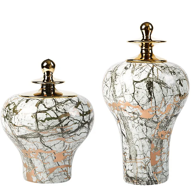 Vintage Palack Márványozott Tábornok Golden Ginger Jar Porcelán Kézműves Díszek Váza Virág Elrendezés Otthoni Dekoráció - Image 6