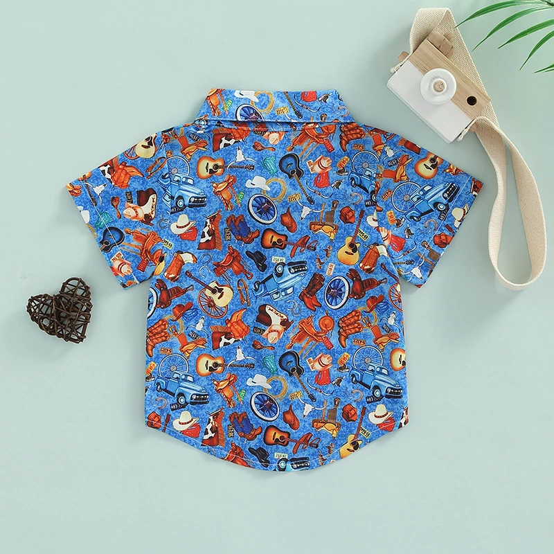 Children s Short Sleeve Button Down Shirt with Fun Cartoon Print Summer Top with Lapel Neck for Boys Cute Kid s Clothing