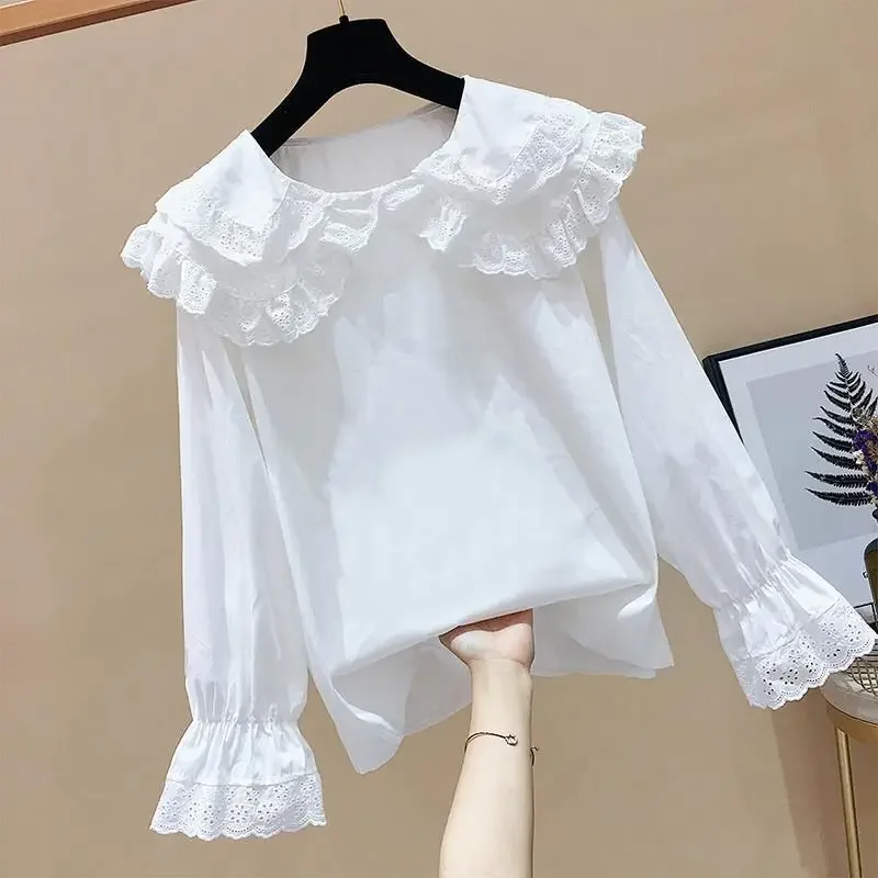 Spring Autumn Baby Toddler Teen Girls Sleeve School Girl Shirt Kids Pullover Tops Camisas Ruffles Lace Blouse White Long Sleeve
