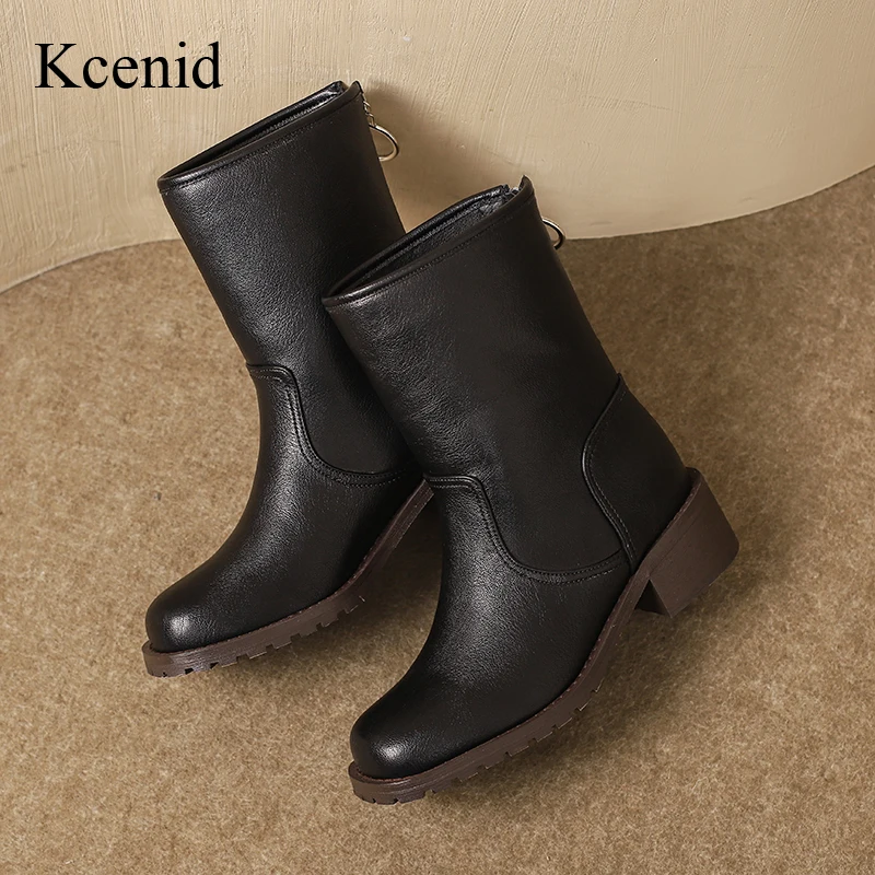 

Kcenid 2024 Fashion Chunky Heels Ankle Boots For Women Mid-Calf Winter Shoes Woman Motorcycle Boots Concise Zipper Party Shoes