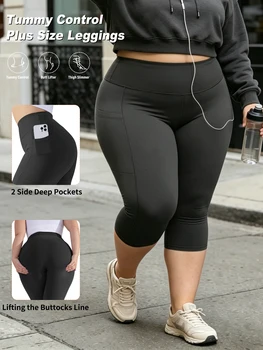 Capri Plus Size Leggings for Women with Pockets-Stretchy  Tummy Control High Waist Workout Black Yoga Pants