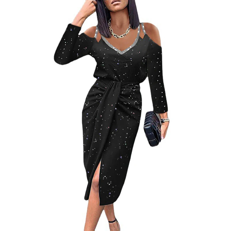

Black Off Shoulder Party Dresses for Women Lace Elegant Patchwork Print Dress Business Office Lady Work Clothing Sllit Sexy 2022
