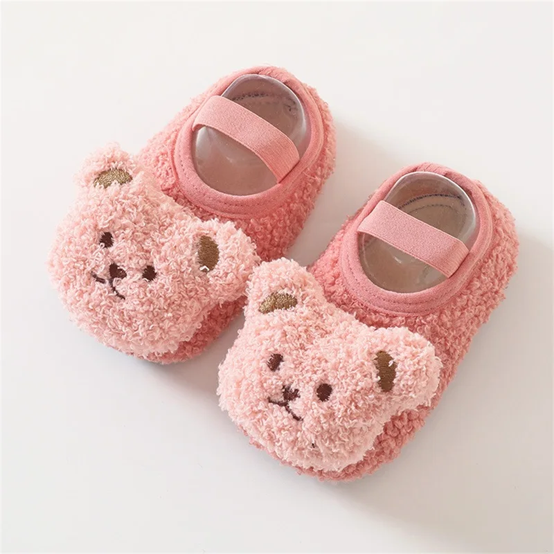 Baby Boys Girls Fuzzy Slipper Soft Bear Crib Floor Shoes Infant Winter Shoes Soft Sole Rubber Anti-slip Socks Newborn Foot Socks