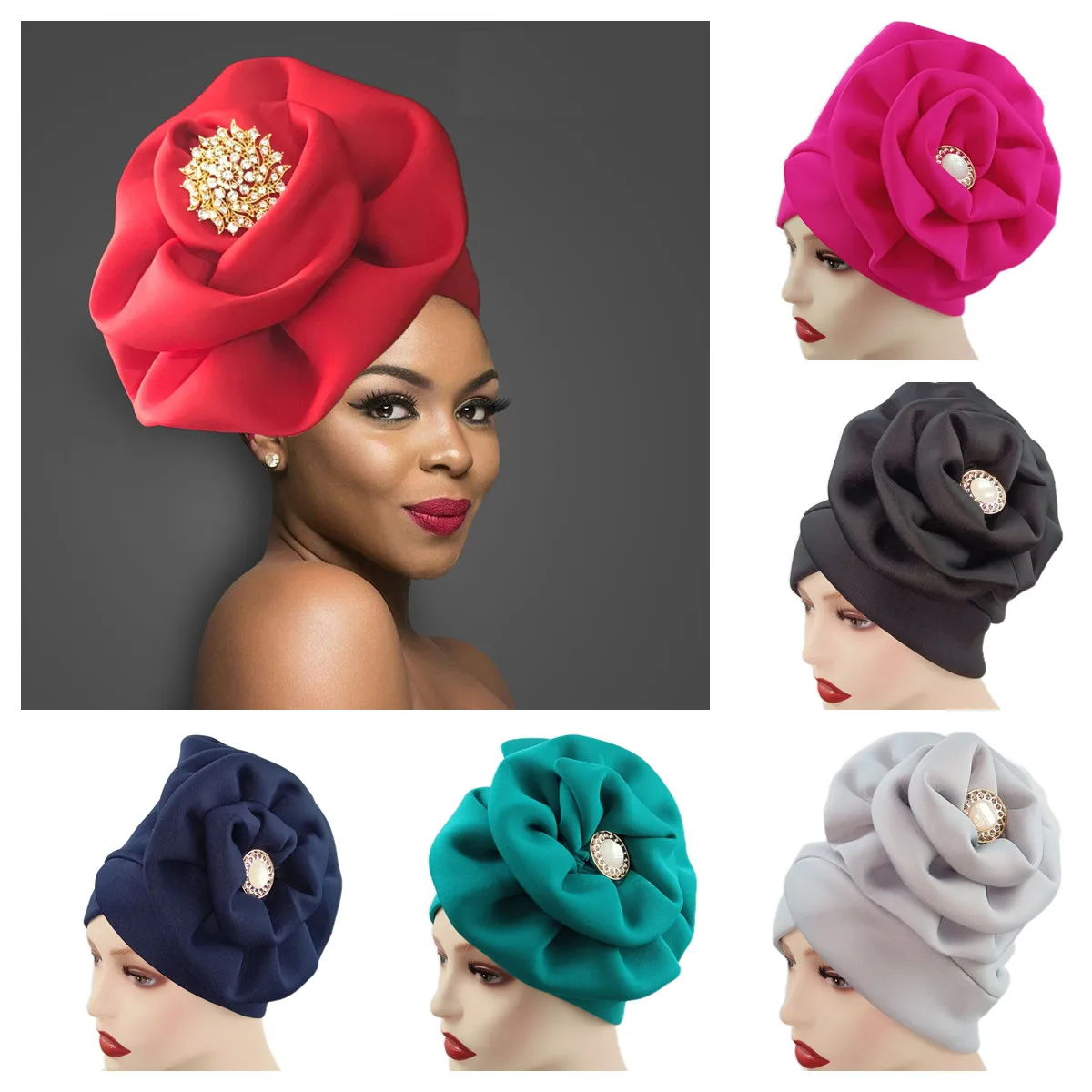 

Women Big Flower Turban Hat Fashion Muslim Hijabs Cap Diamonds Headwrap Lady Bandana Chemo Caps African Hat Headwear