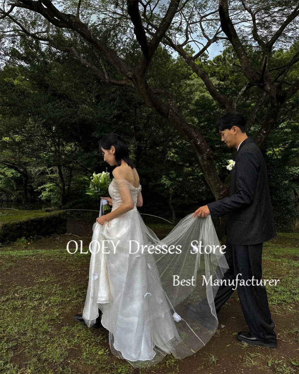 OLOEY 2025 New Ivory Wedding Dress Korea Photoshoot Off Shoulder Tulle Bridal Gown 3d Flowers Custom Made Plus Size Floor Length 3