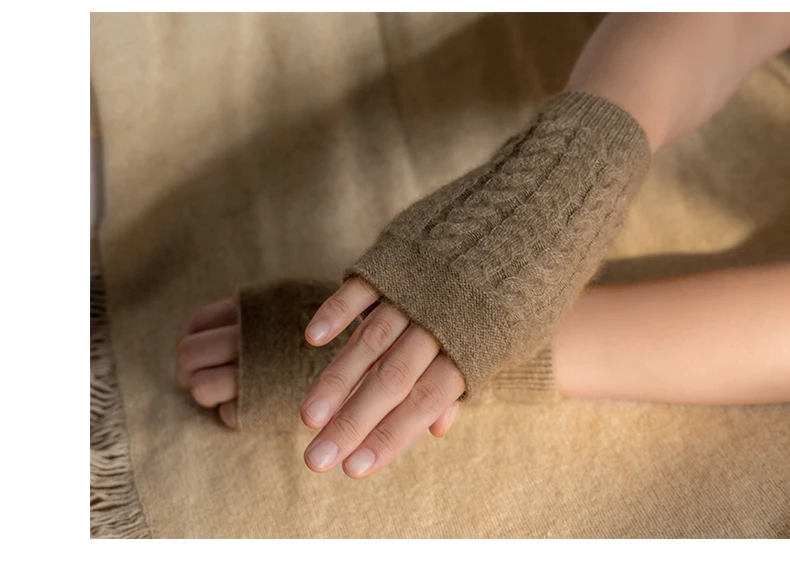 100% Real Cashmere Autumn Winter Thick Cable Gloves Mitten Fingerless Warm Wrist Length Thumb Hole Mitts Classic Female Elegant