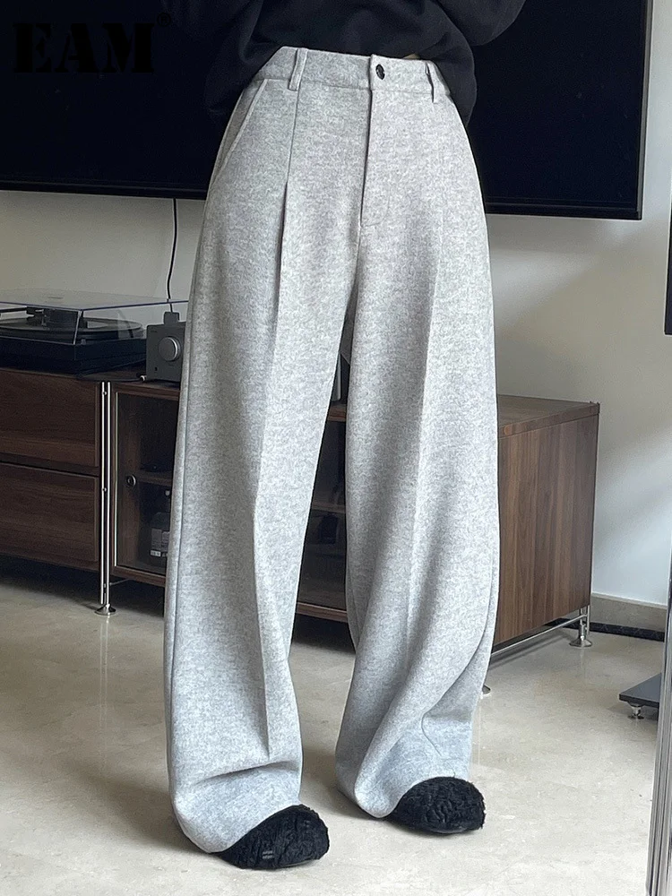 

[EAM] High Waist Gray Pleated Pockets Wide Leg Pants New Loose Fit Trousers Women Fashion Tide Spring Autumn 2024 1DF4428