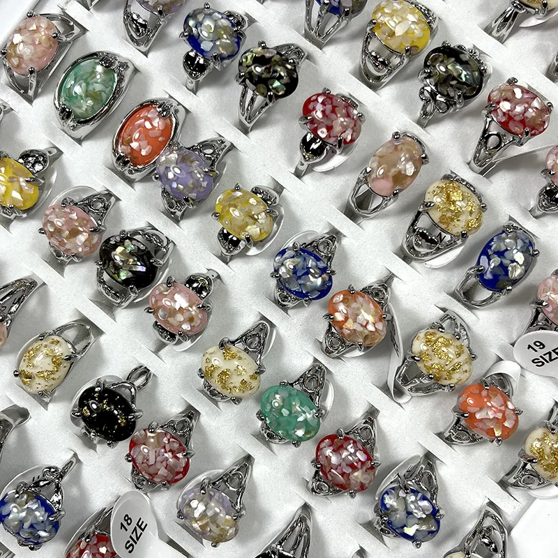 

50pcs/Lot Factory Wholesale Alloy Finger Rings For Women Multicolored Gemstone Turquoise Malachite Amethyst Shell Broken Ring