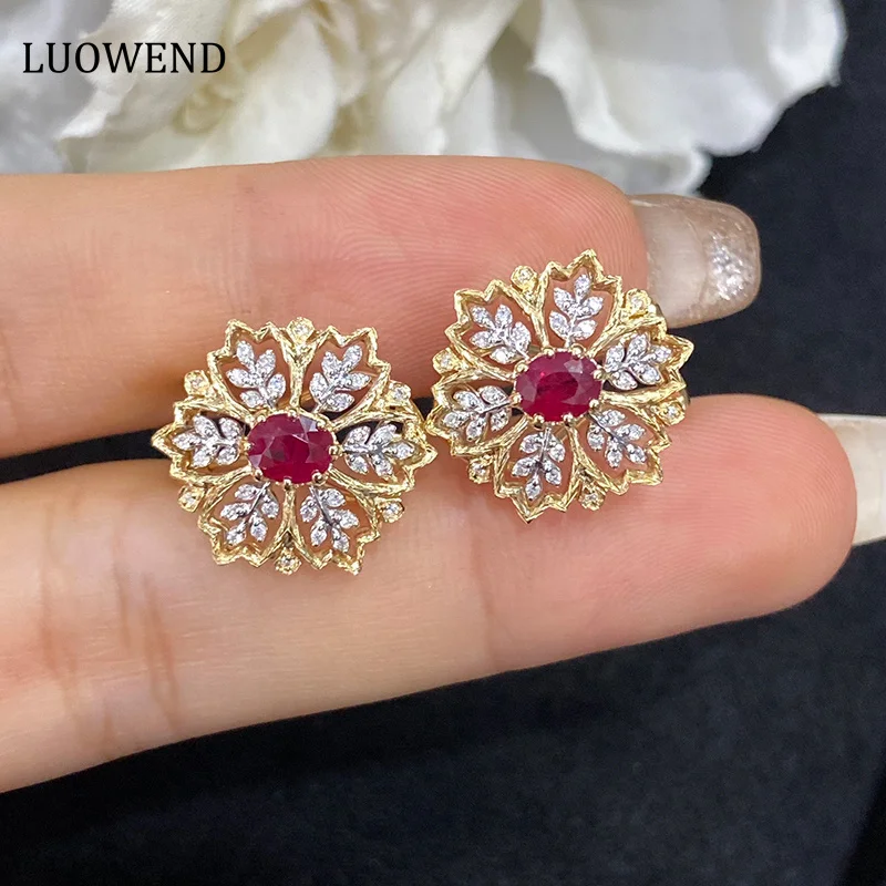 LUOWEND 18K White and Yellow Gold Earrings Women Real Natural Ruby Luxury Gemstone Fine Romantic Snowflake Shape Party Jewelry