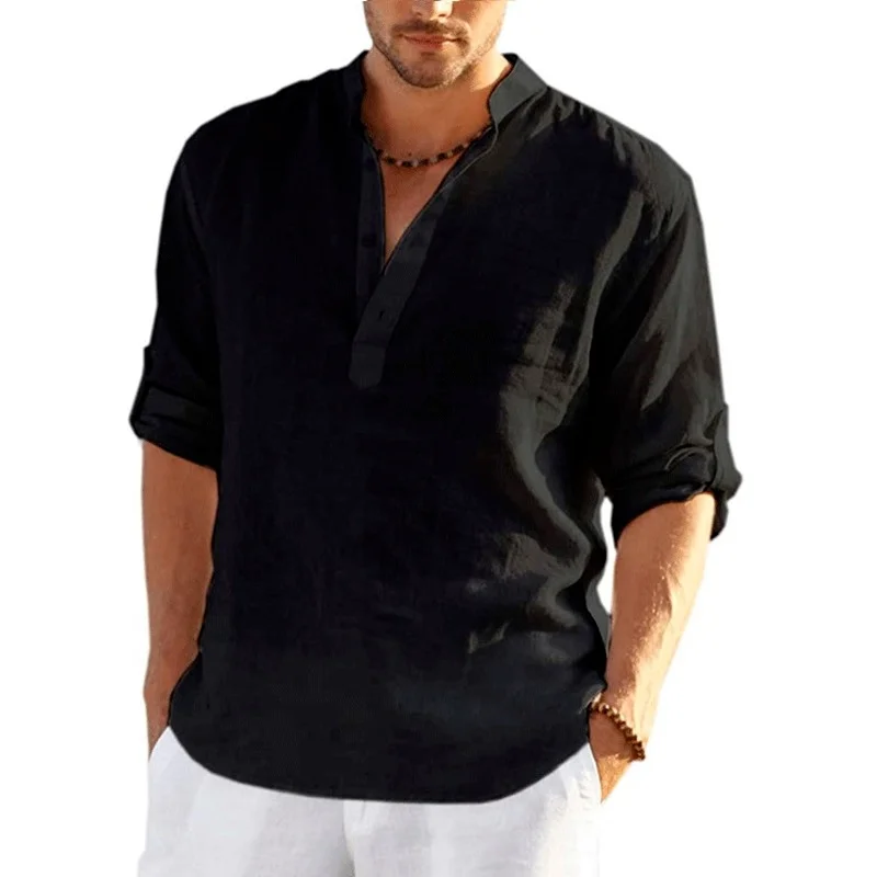 2022 New Men's Linen Long Sleeve Shirt Solid Color Casual  Long Sleeve Cotton Linen Shirt Tops  Hemp Shirt 3