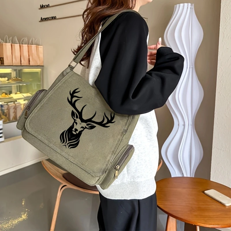 Men's Crossbody Bag Women's Shoulder Bag Canvas Laptop Bag Messenger Bag Deer Print Large Capacity
