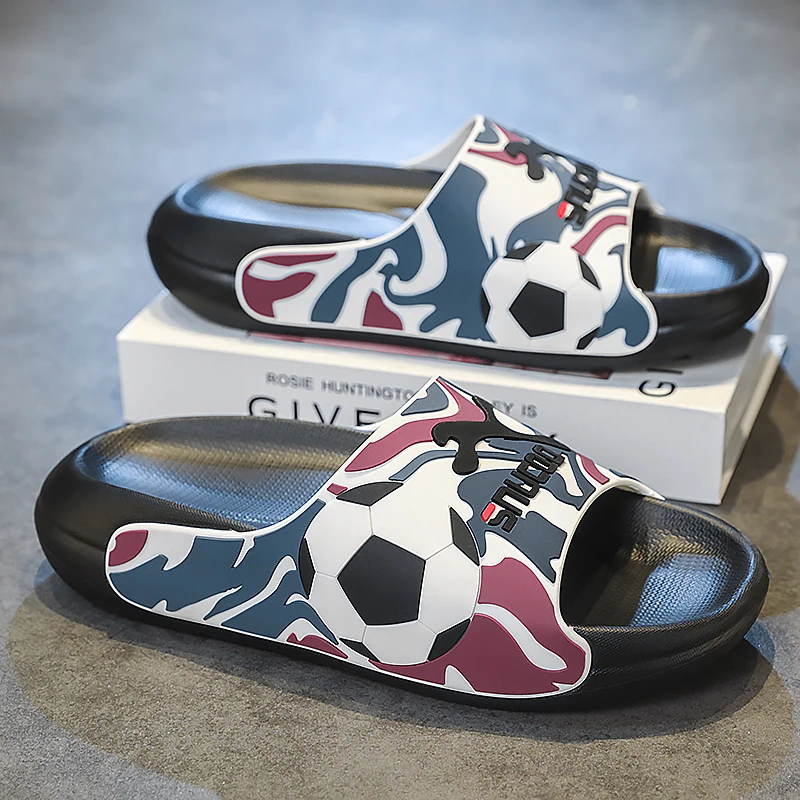 Men's Slippers Summer Football Slides Soft Sole Non-slip EVA Beach Shoes Fashion Soft Thick Soled