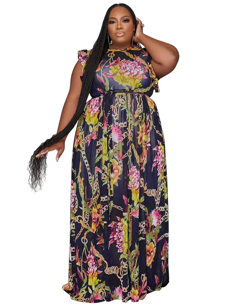 Wmstar Plus Size New In Dress Printed Sleeveless Loose Stretch Elegant  Summer Holiday Dresses for Women Wholesale Dropshipping