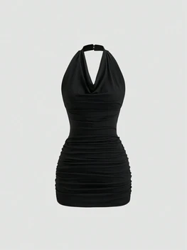 Mini robe noire élégante sans manches à col en v pour femmes, parfaite pour les fêtes de printemps/été et les sorties décontractées, robe mignonne