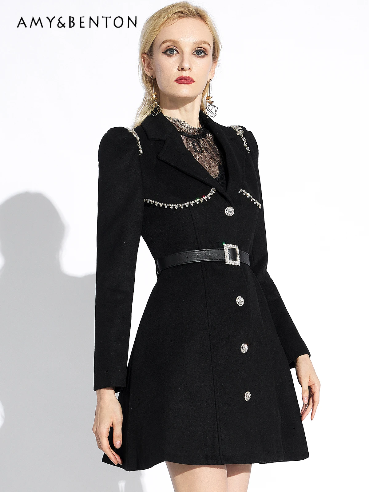 

French Elegant Black Hepburn Style High-Grade Wool Coat Women 2024 Early Spring New Slim Single-Breasted Graceful Midi Jackets