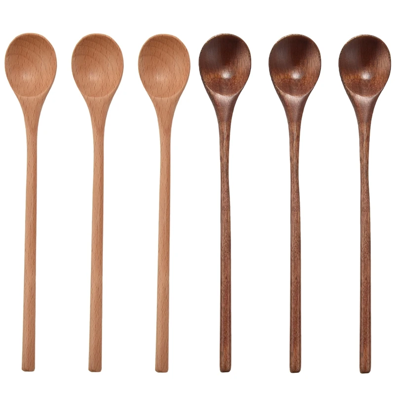 

6 Pcs Wooden Spoon,Long Handle Wood Spoons Mixing Stirring Soup Coffee Iced Tea Spoon Used For Kitchen Mixing Cooking