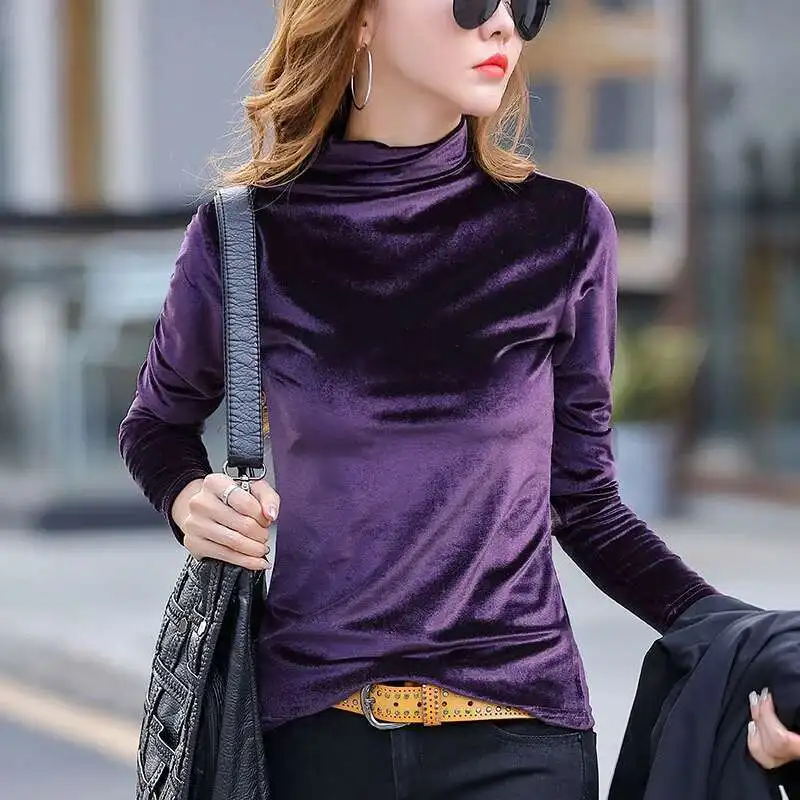 【2plan】Standard Velvet Long Sleeve T-shirt 0301 Spring Autumn Velvet T Shirt Women Half High Collar