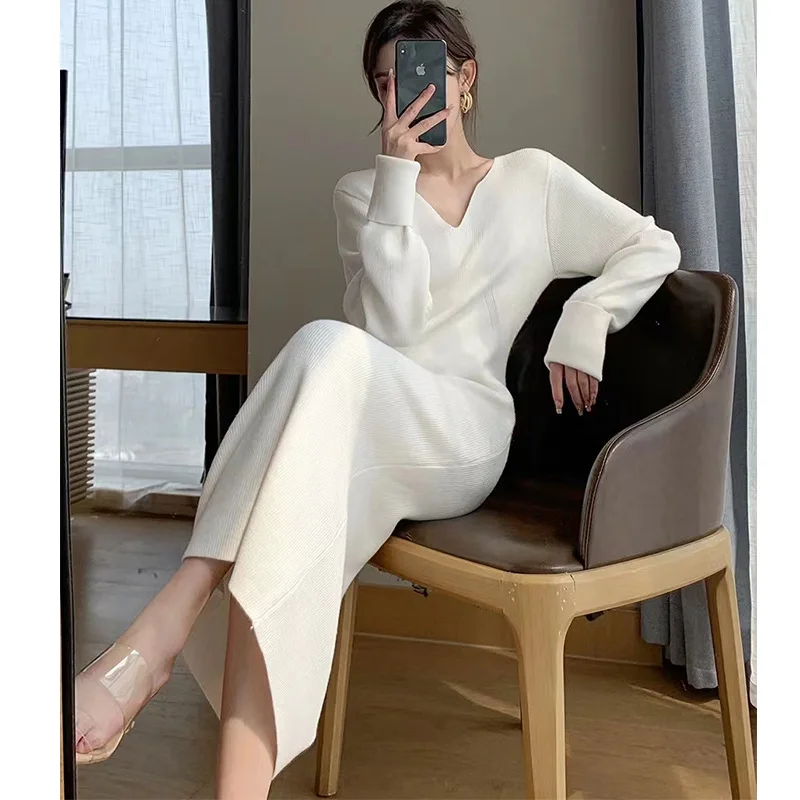 

Korean Simple Long Sweater Slim Dress for Women Knitted V Neck Elegant Casuals Female A-line Solid Harajuku White Dress Women