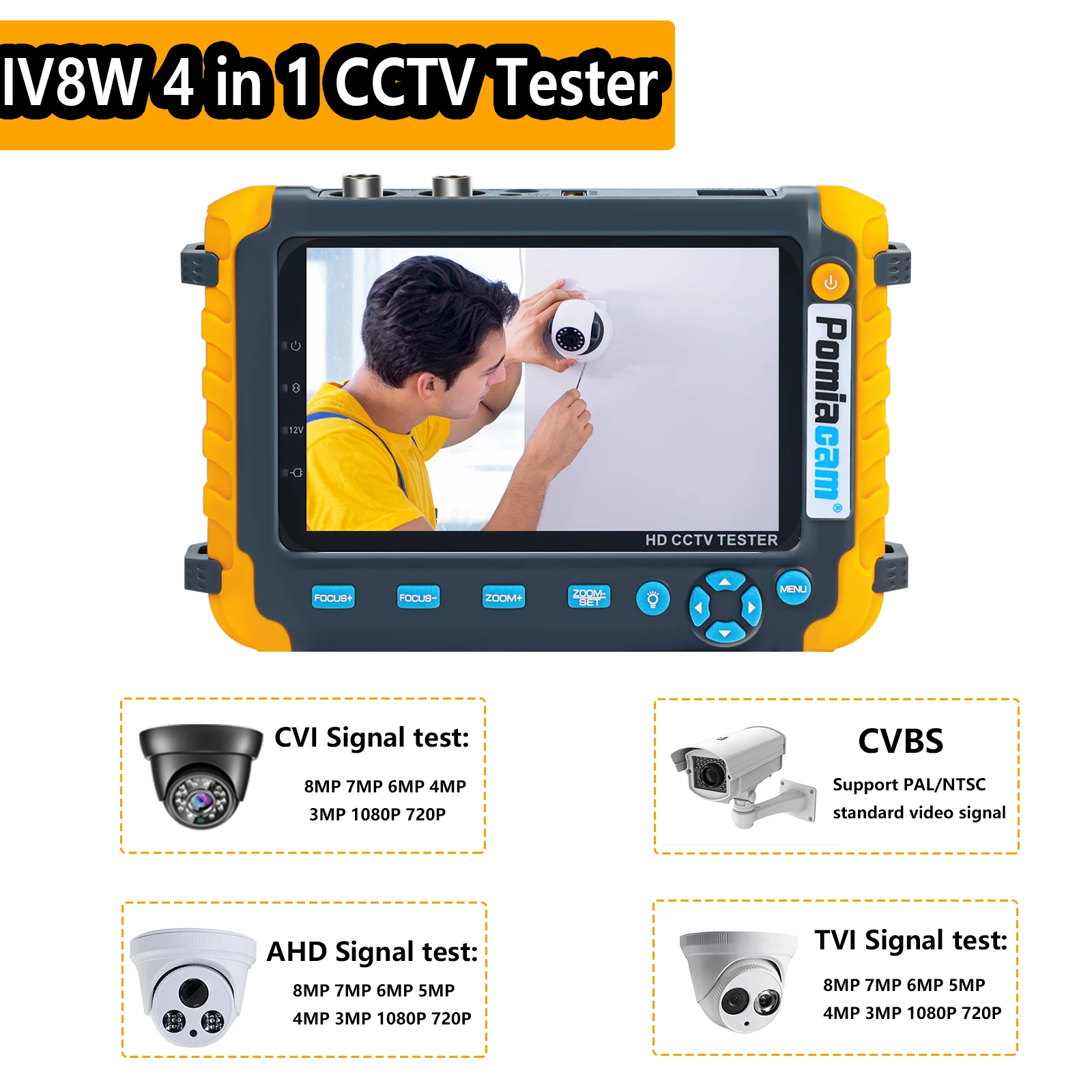 5.0 inch Monitor CVBS 8MP AHD/CVI/TVI 4-In-1 Camera Tester IV8W Tester Portable Tester Support PTZ Audio VGA HDMI Input