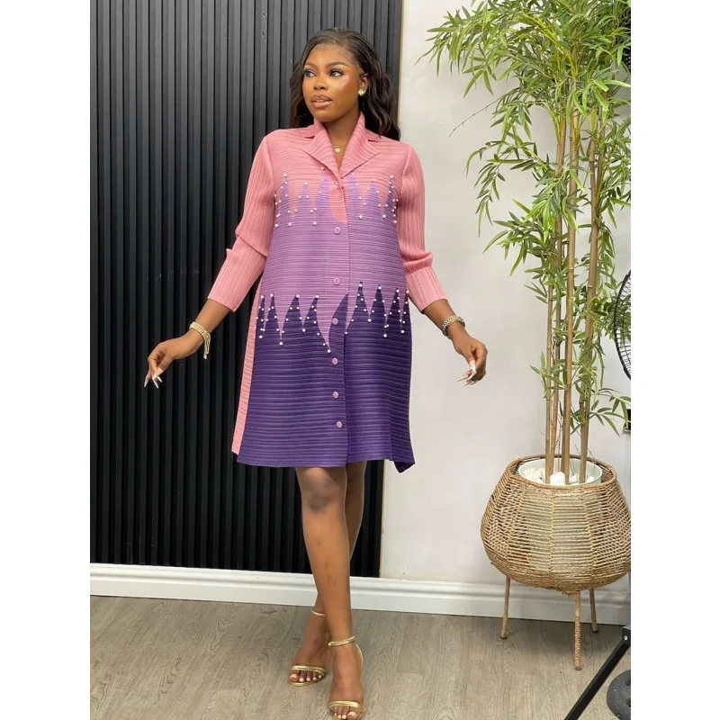 

Miyake Pleated Dress Women 2024 Color Matching Floral-Print Beaded Lapel Single Breasted Loose Plus Size Women's Cardigan Dress