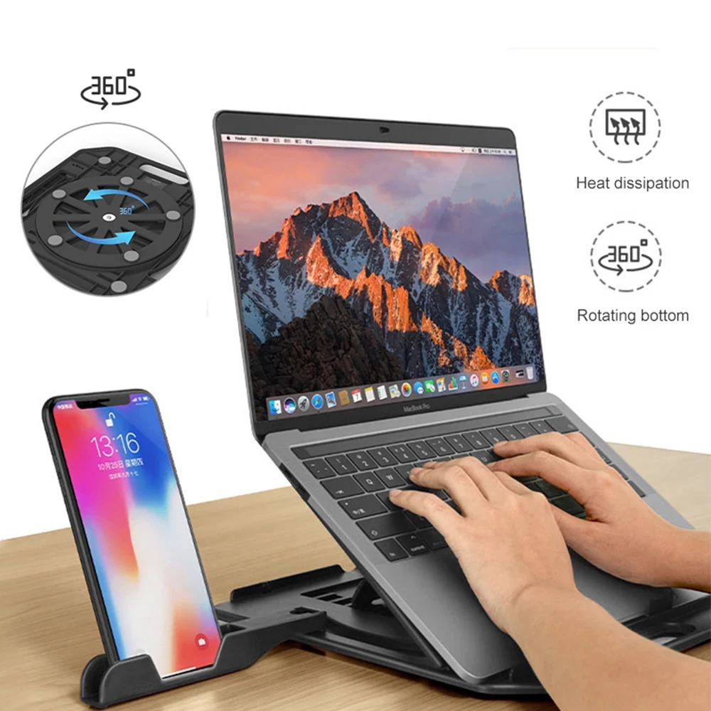 

Laptop Stand Height Adjustment For Macbook Pro Notebook Support 360 Degree Rotating Bottom Computer Stand Riser Cooling Pad