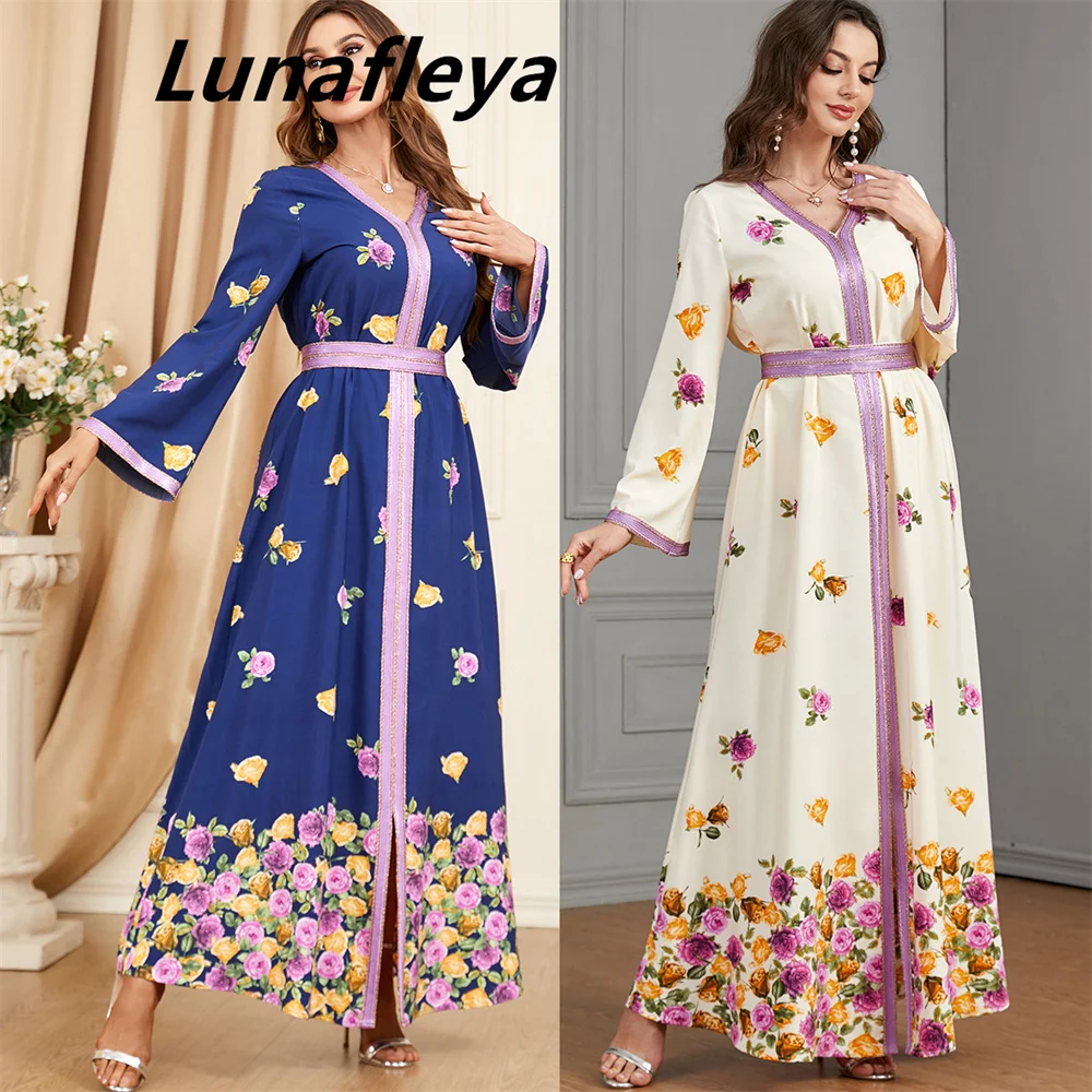 

LUNAFLEYA Elegant Muslim Formal Dress V-Neck Long Sleeves Party Dress Evening Dress Floor-Length Prom Dress Saudi Arabia 2024