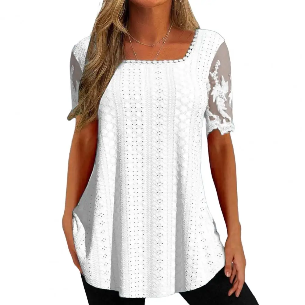 

Summer Square Collar Solid Color T-shirt Embroidery Flower Lace Patchwork Short Sleeve Tee Shirt Hollow Loose Tops