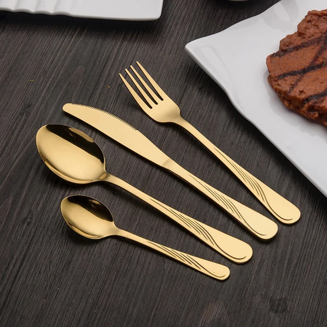 24Pcs Gold Stainless Steel Dinnerware Carve Lines Handle Polishing Cutlery Set A Perfect Blend of Elegance and Functionality