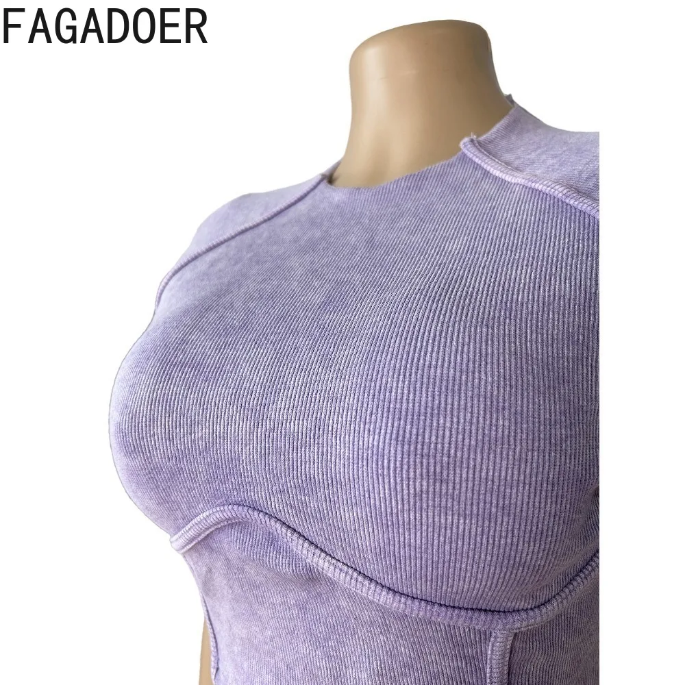 FAGADOER Summer Solid Ribber Sporty Two Piece Sets Women O Neck Short Sleeve Crop Top And Biker Shorts Outfits Female Tracksuits