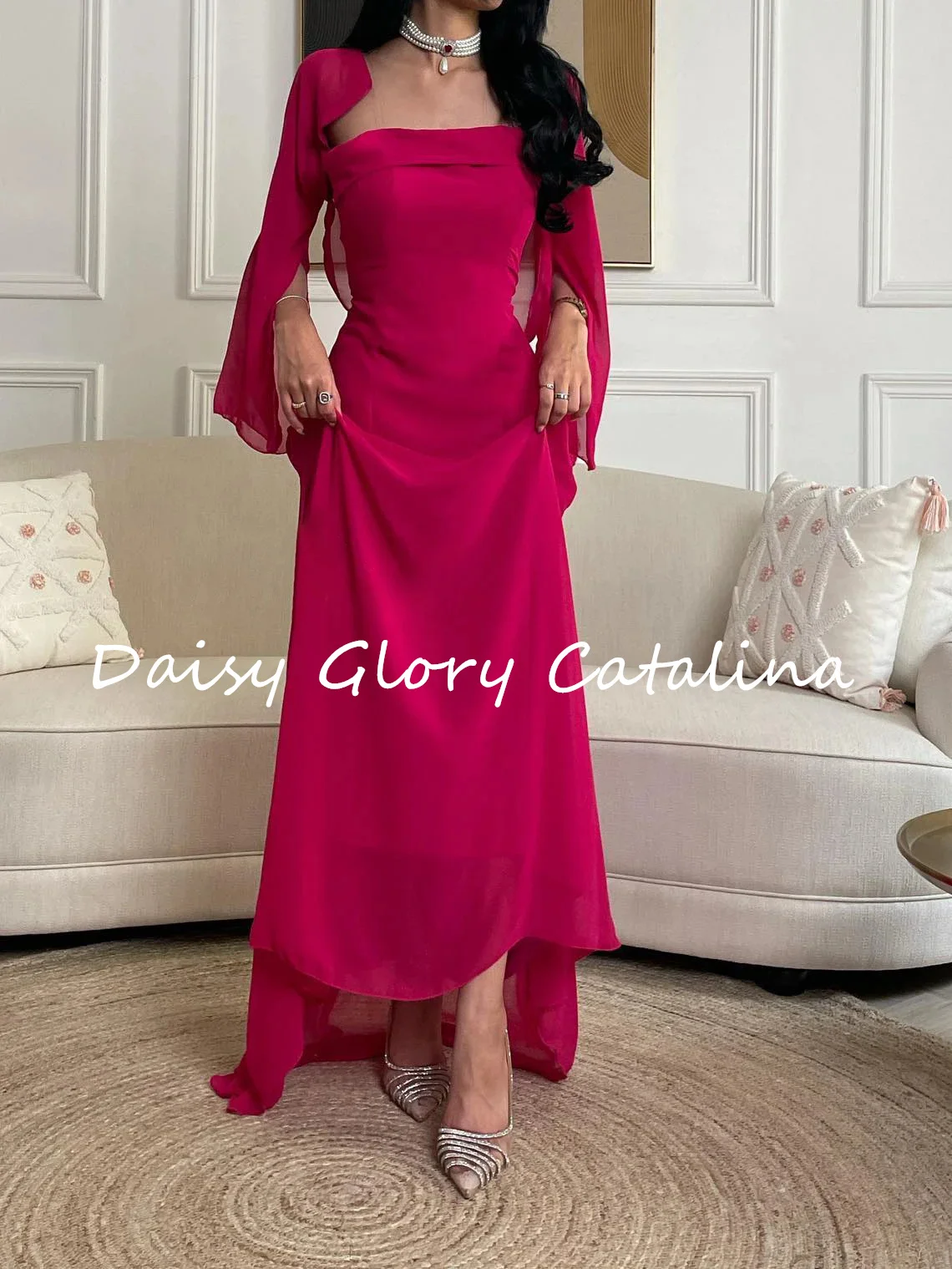 

Розовое Шифоновое Вечернее Платье с длинным рукавом, винтажное платье для выпускного вечера, без бретелек, в пол, для официальной и свадебной вечеринки, для Саудовской Аравии, для торжества